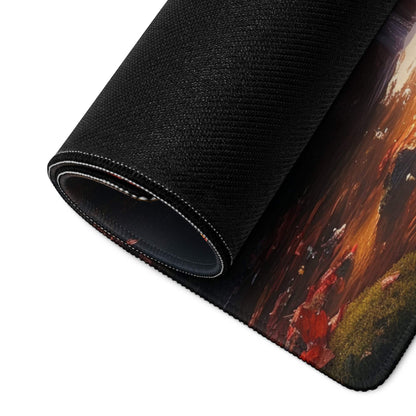 Black textured gaming mousepad with golden hour waterfall forest design