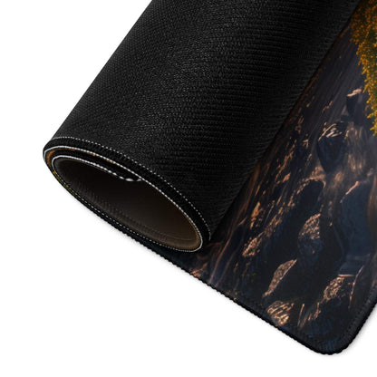 Black textured gaming mousepad with sunlit waterfall forest scene
