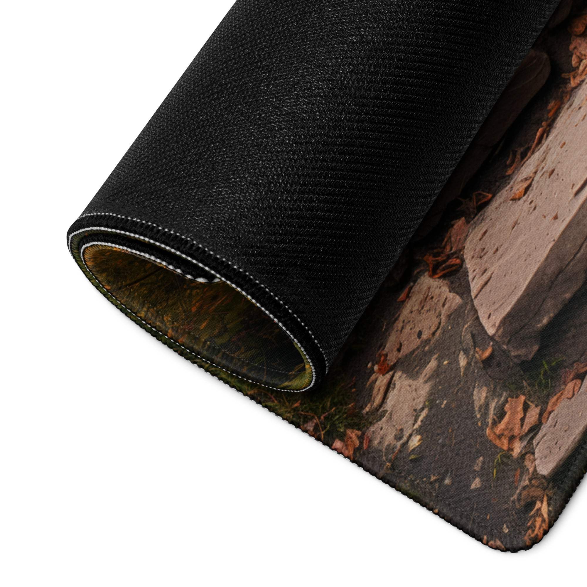 Black textured Autumn Forest Waterfall gaming mouse pad with non-slip base