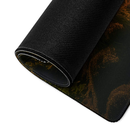 Black textured gaming mousepad with dark forest sunrise scene