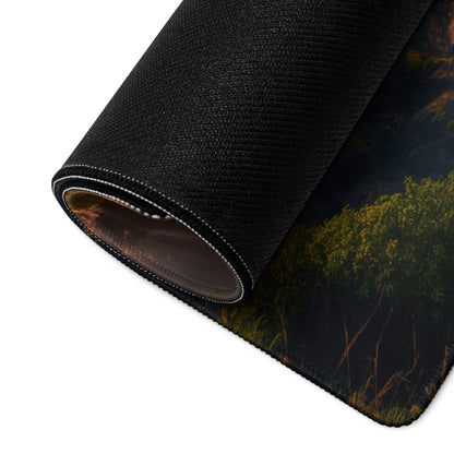 Large Golden Hour Landscape gaming mouse pad with green trees, non-slip base, edge stitching