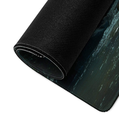 Black textured mousepad with teal ocean wave, white edge stitching