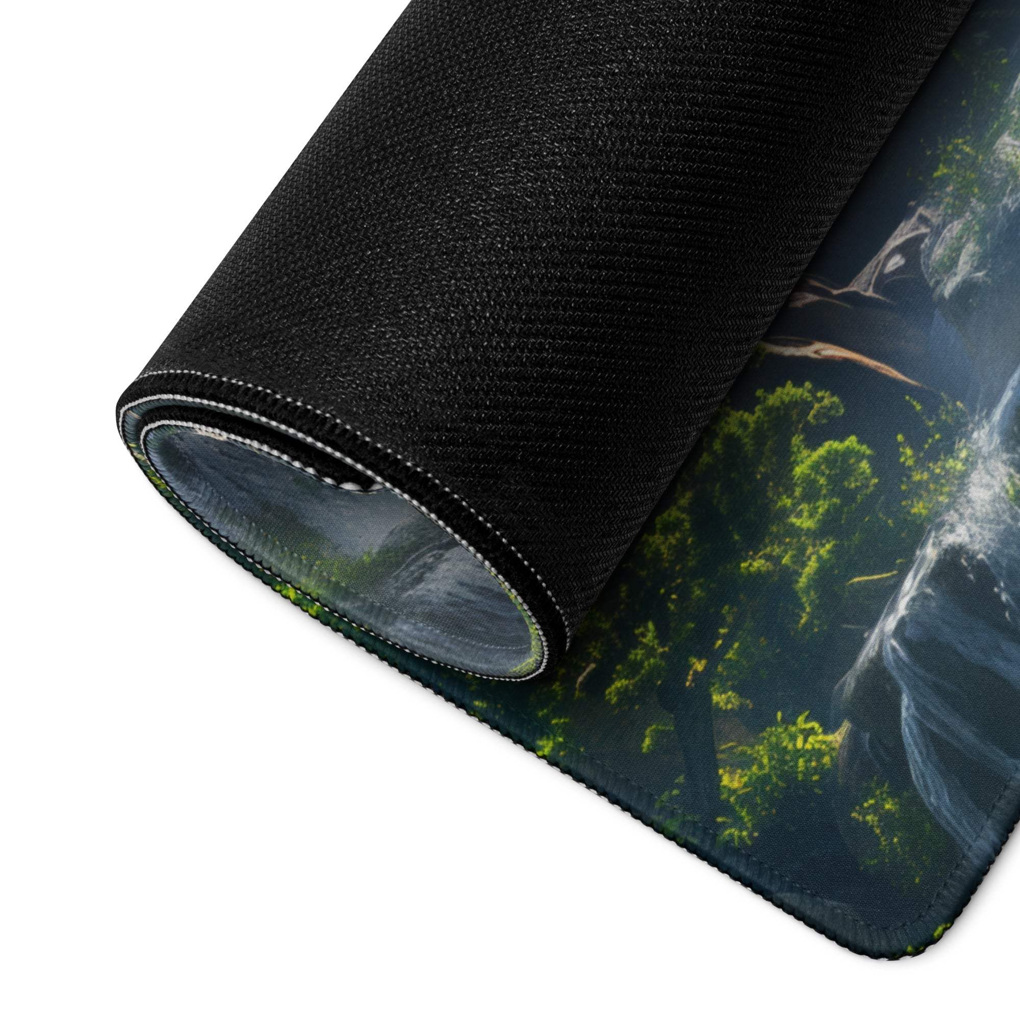 Black textured mousepad with vivid forest waterfall and bonsai tree design