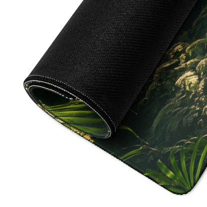 Black textured Lush Forest Sunbeam gaming mousepad with jungle foliage