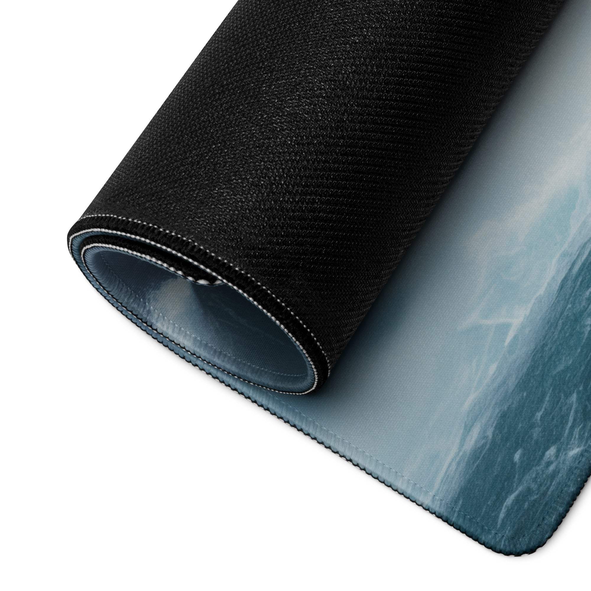 Black textured Moody Blue Waterfall mousepad with rolled edge blue mountain design