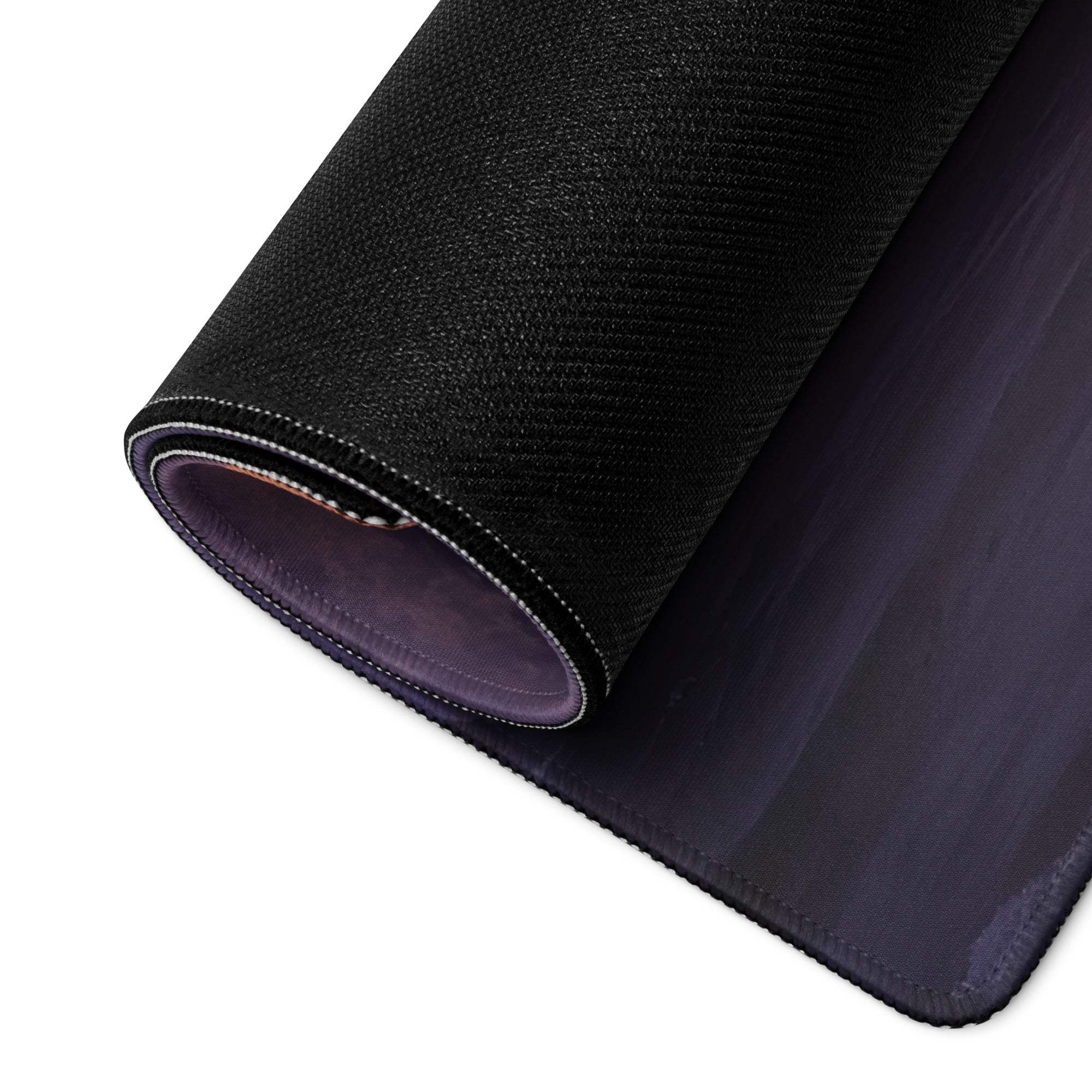 Black textured mousepad underside with purple gradient, stitched edges