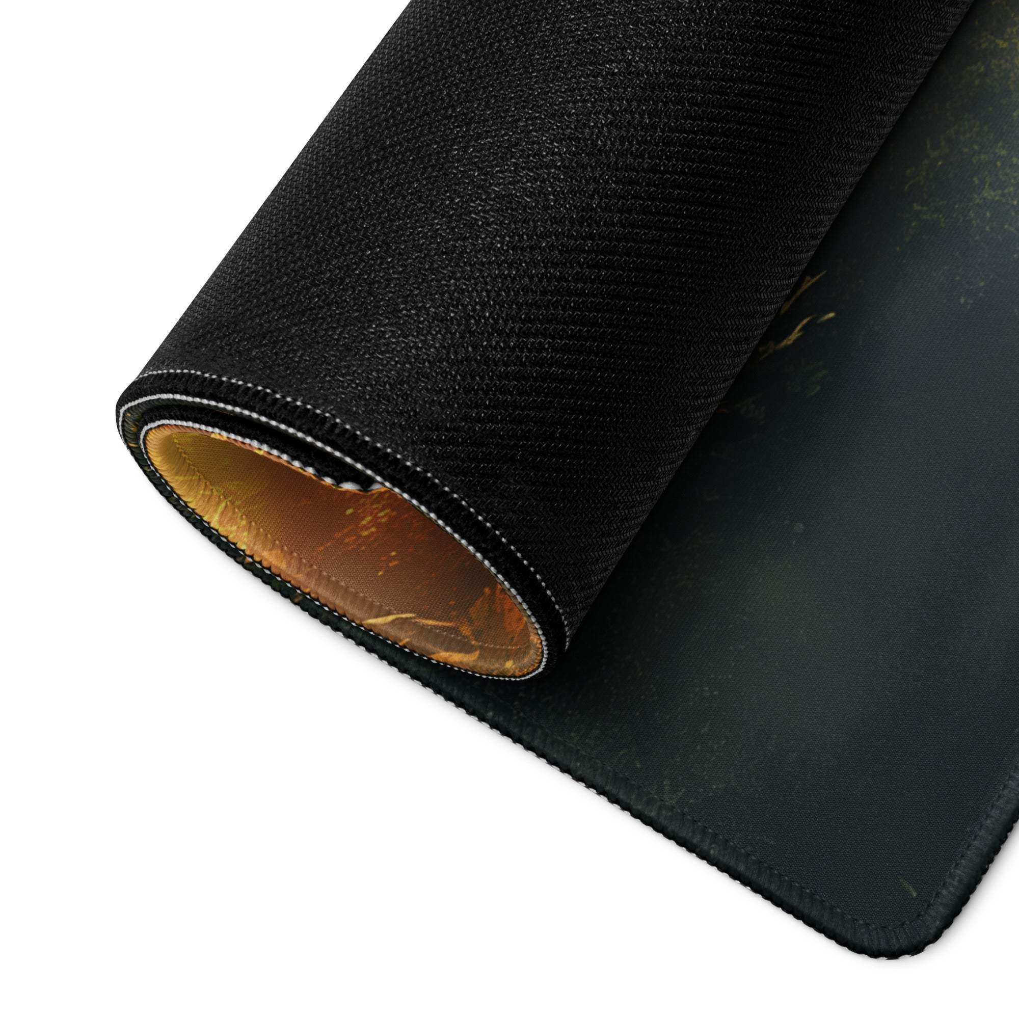 Black textured gaming mousepad with gold lining, stitched edges, non-slip base