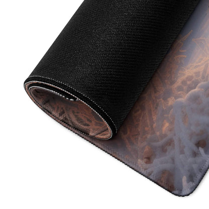 Winter Forest Sunrise gaming mouse pad with black textured swirling gray brown patterns