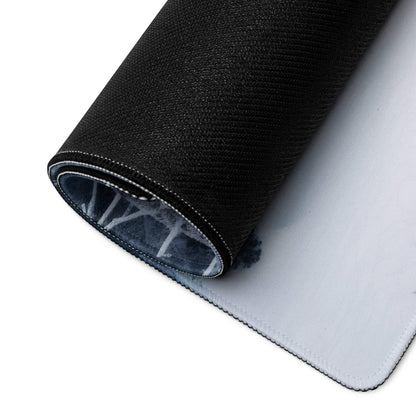 Back of black textured gaming mousepad with white underside and stitched edges