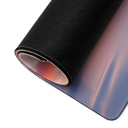 Extended gaming mouse pad with pink-to-blue Winter Sunset gradient, stitched edges, non-slip base