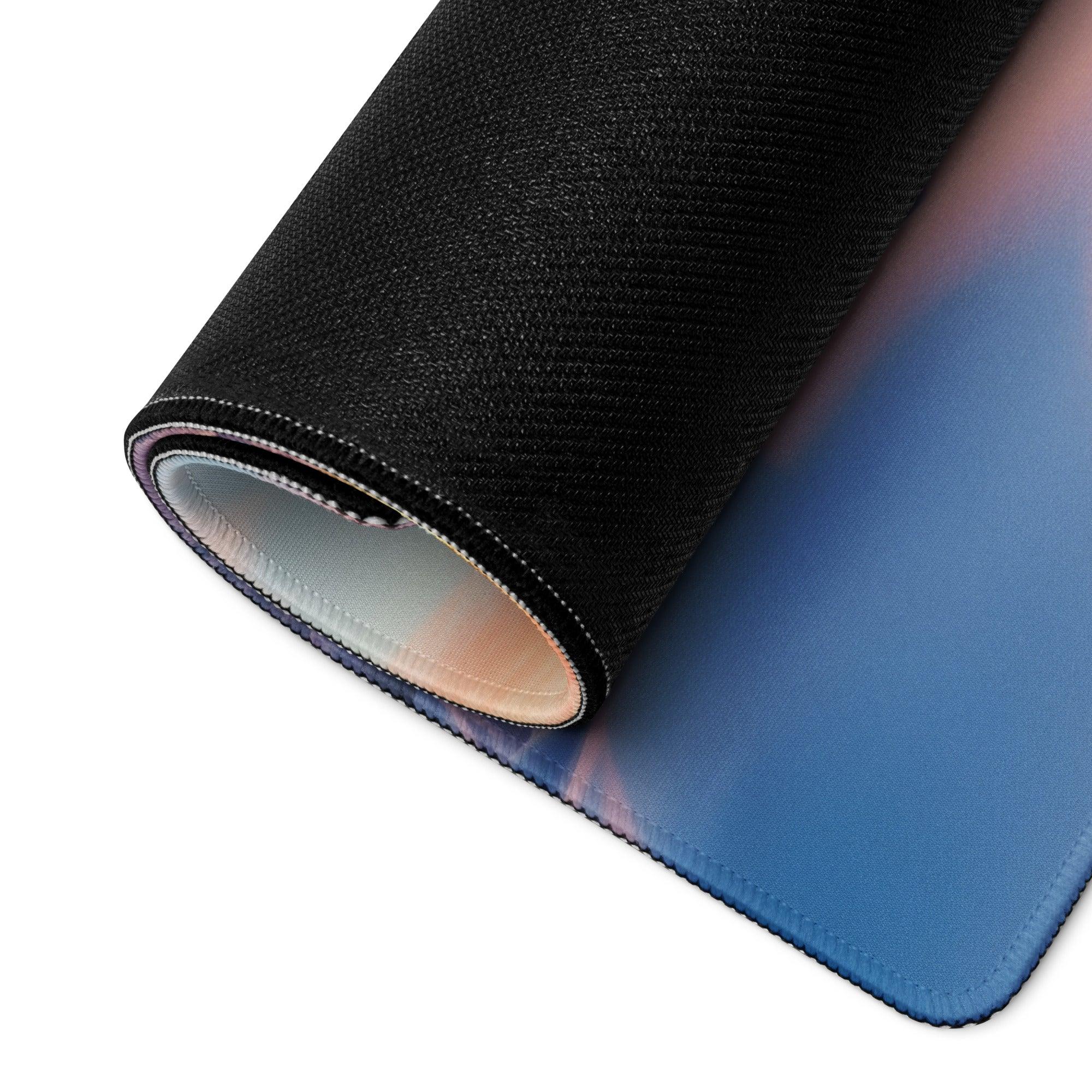 Black textured gaming mousepad with blue-pink gradient serene winter sunset pines design