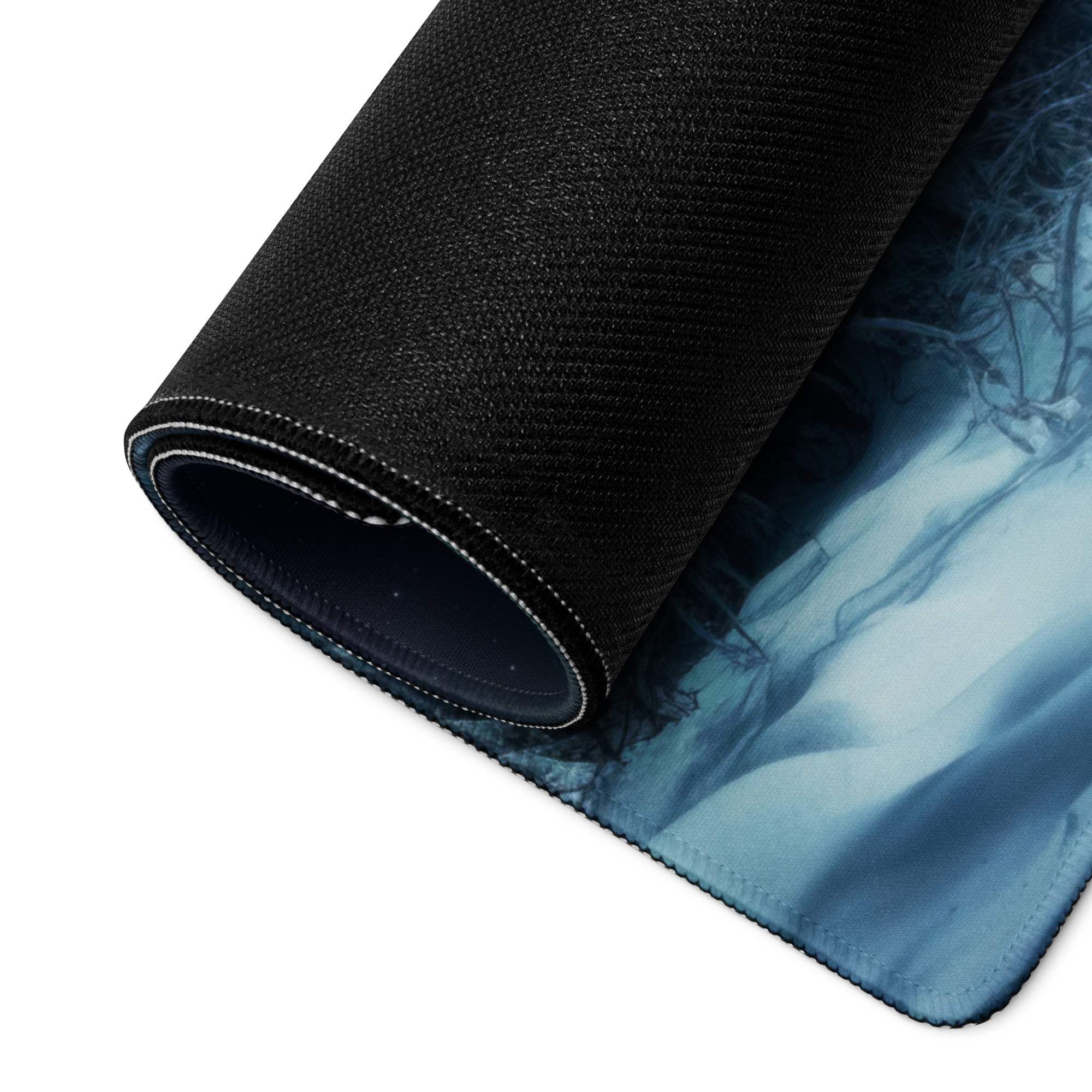 Black textured gaming mousepad with blue white Aurora Borealis design
