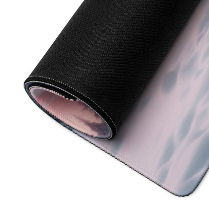 Back of Calm Winter Snow Forest large gaming mouse pad with black textured top and pink gray gradient underside