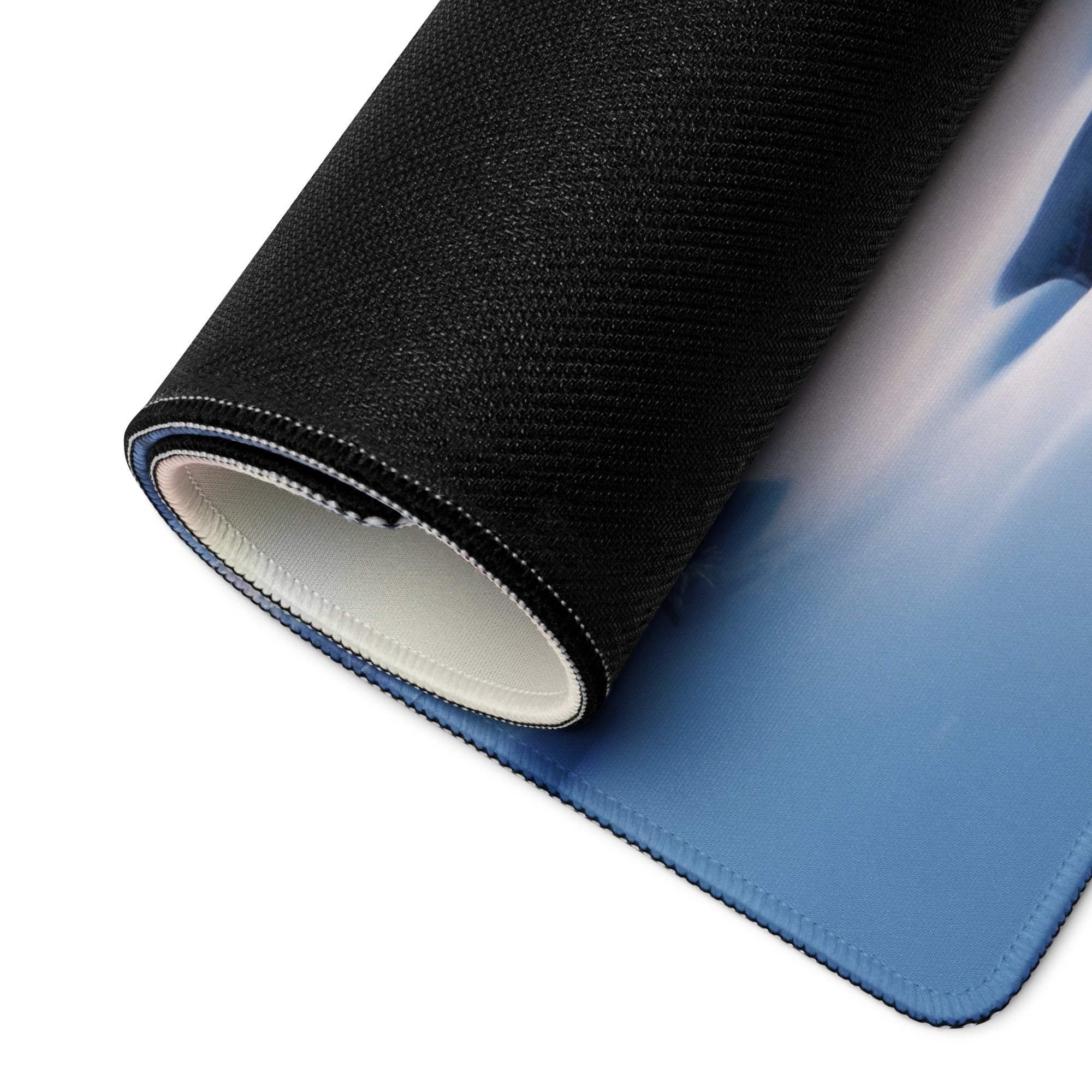 Winter Serenity snowy landscape gaming mouse pad with black textured blue gradient design