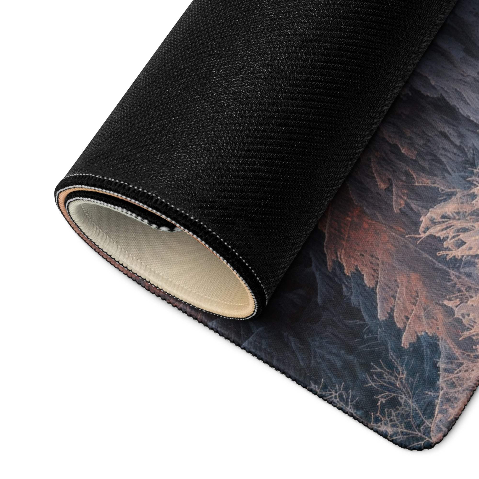 Black textured Calm Winter Sunrise Forest mousepad with mountain landscape