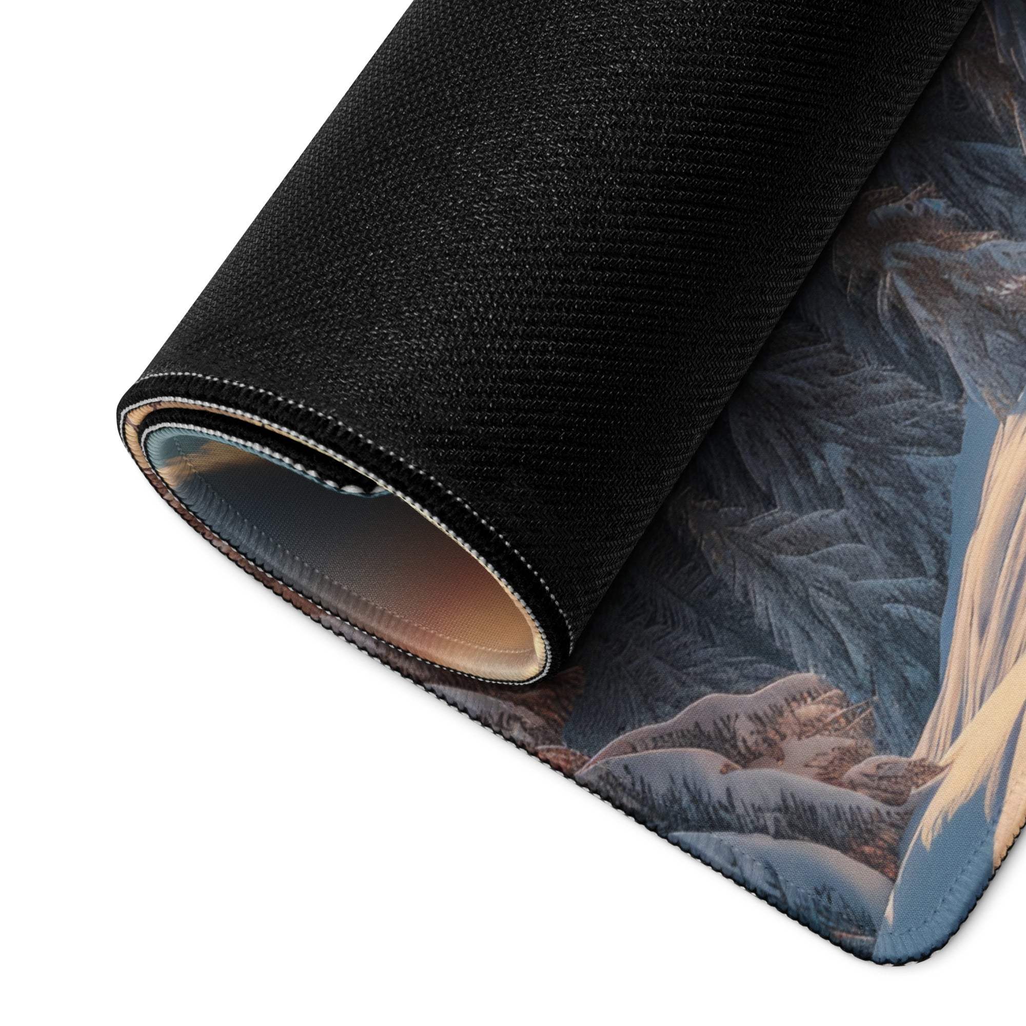 Black textured gaming mousepad with cinematic winter mountain landscape and snowy forest dawn glow