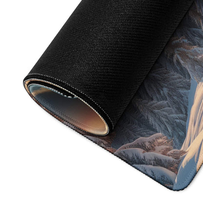 Black textured gaming mousepad with cinematic winter mountain landscape and snowy forest dawn glow