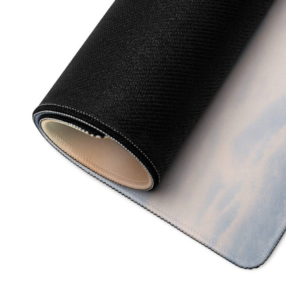 Black textured gaming mouse pad with sky clouds and snowman scene