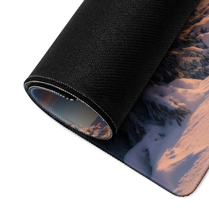 Black textured gaming mousepad with snowy mountains in golden sunset light