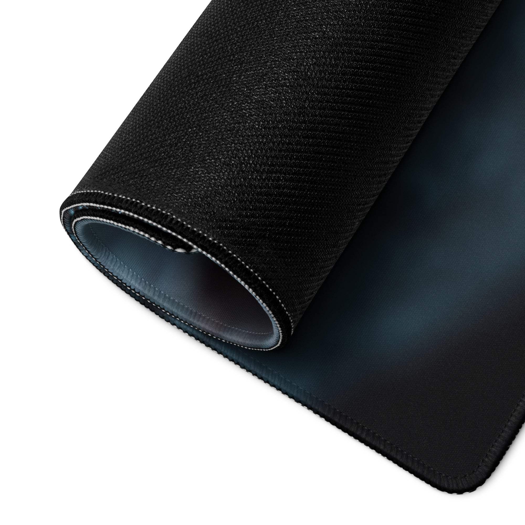 Premium extended non-slip edge gaming mouse pad in midnight ember mood, black textured stitched surface