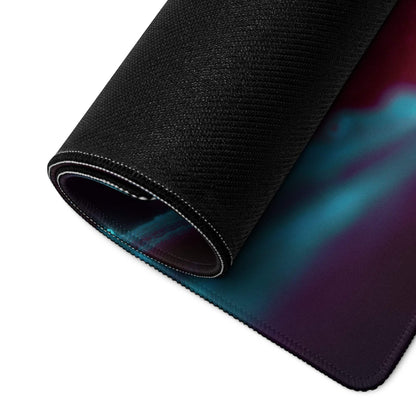 Black textured gaming mousepad with vibrant teal purple red gradient
