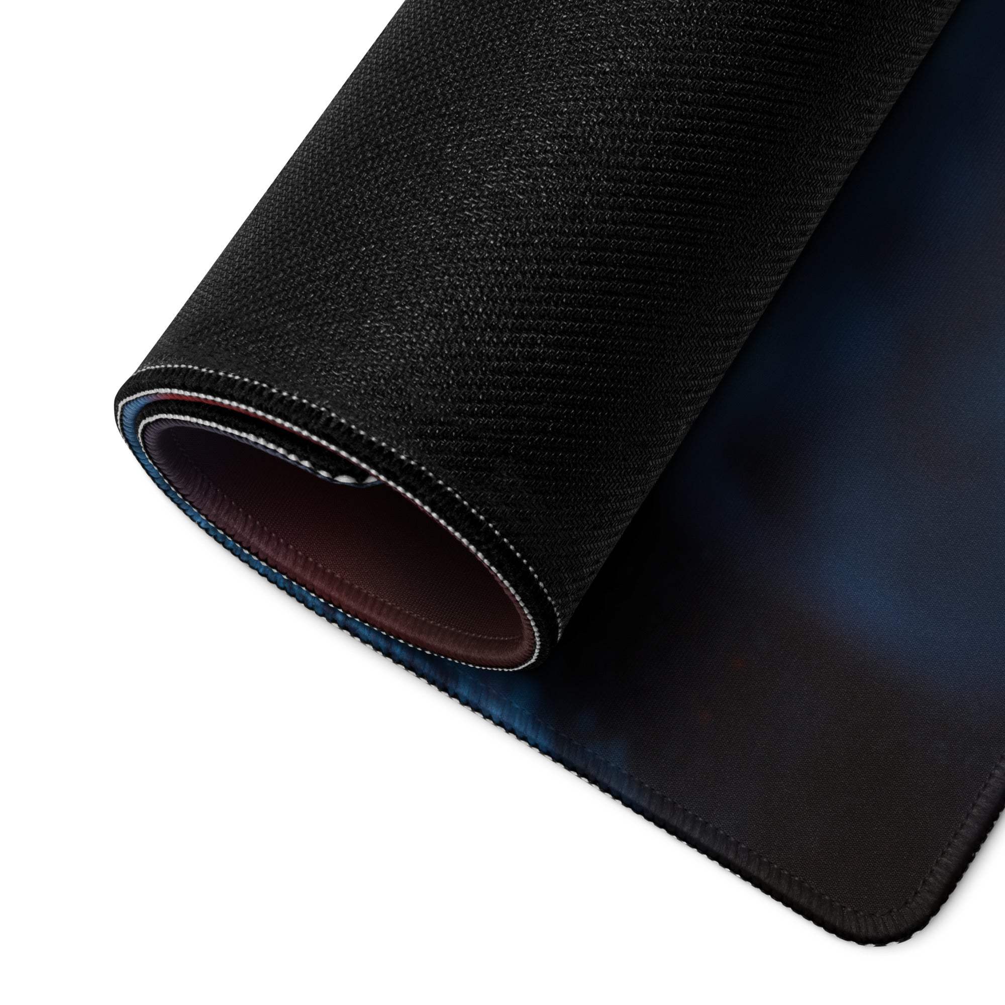 Back side of Dark Blue Neon Glow large gaming mouse pad with black textured non-slip base and subtle blue gradient