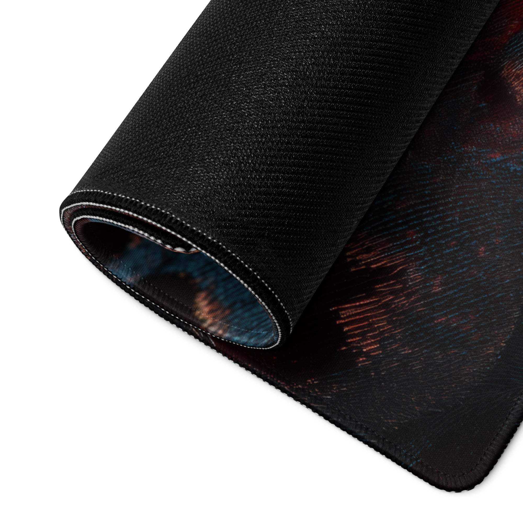 Black cosmic textured gaming mouse pad with vibrant multicolor design