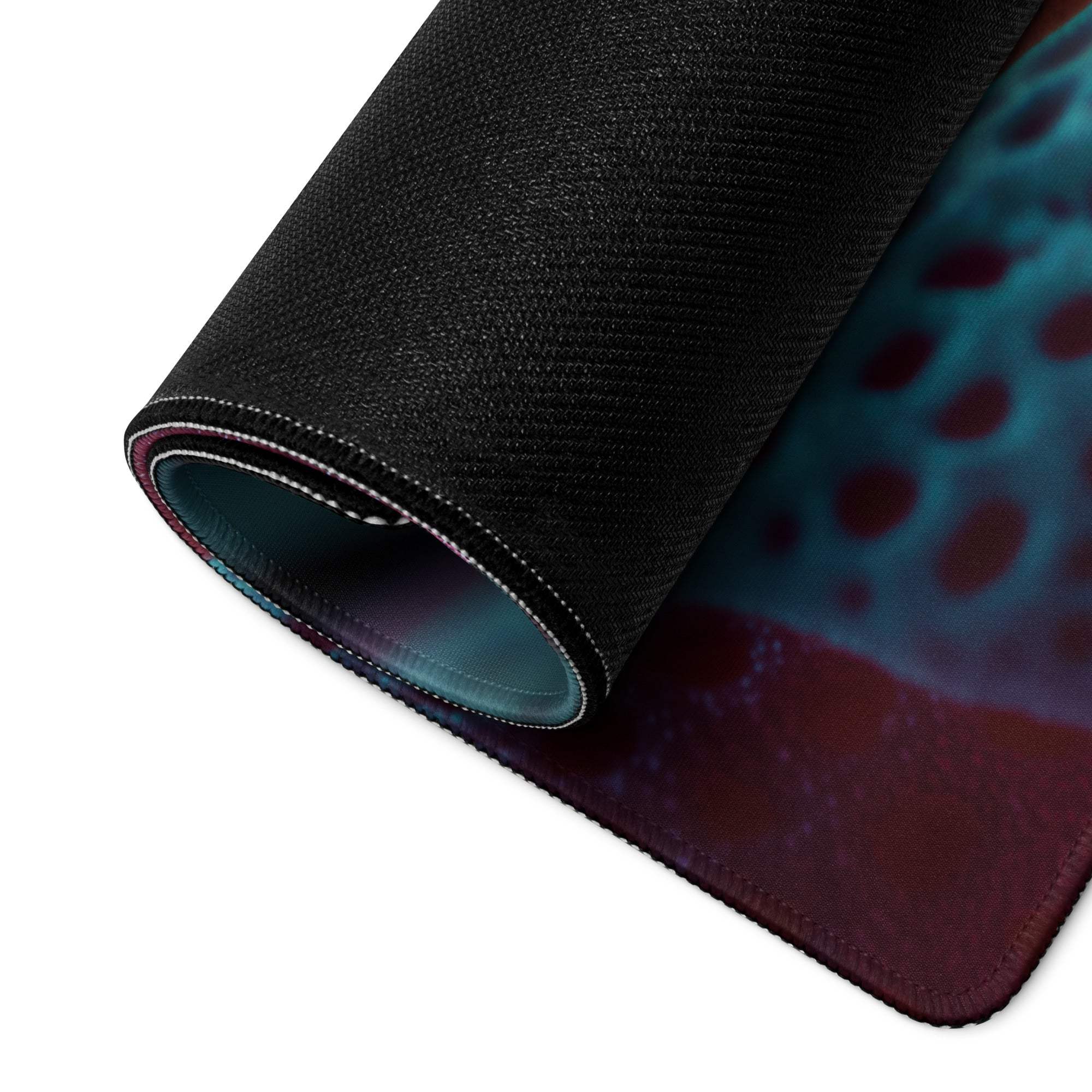 Black textured gaming mousepad with teal maroon neon leaves abstract design