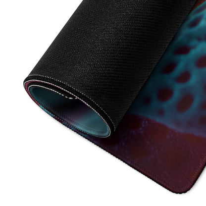 Black textured gaming mousepad with teal maroon neon leaves abstract design
