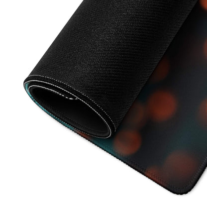 Large black textured gaming mousepad with orange teal bokeh glow