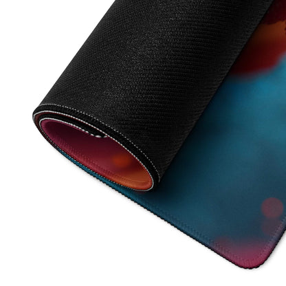 Vibrant neon abstract gaming mouse pad rolled up with gradient teal magenta orange design