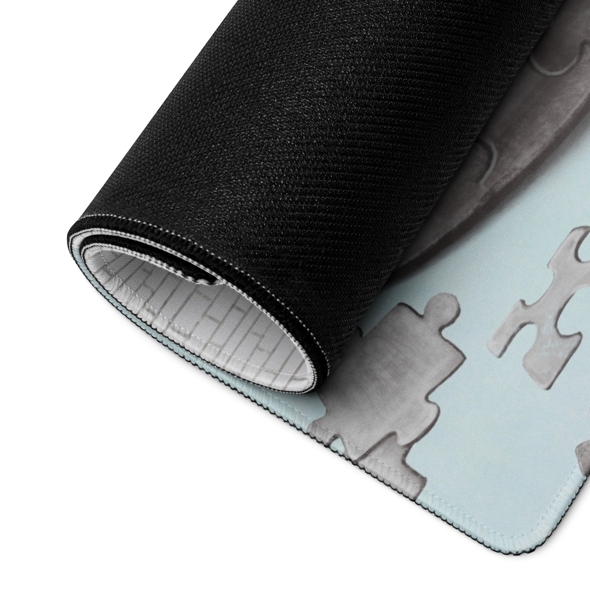 Puzzle Head Artwork Mouse Pad Gray Blue Moody Desk Accessory 36x18 Inch Modern Surreal Style