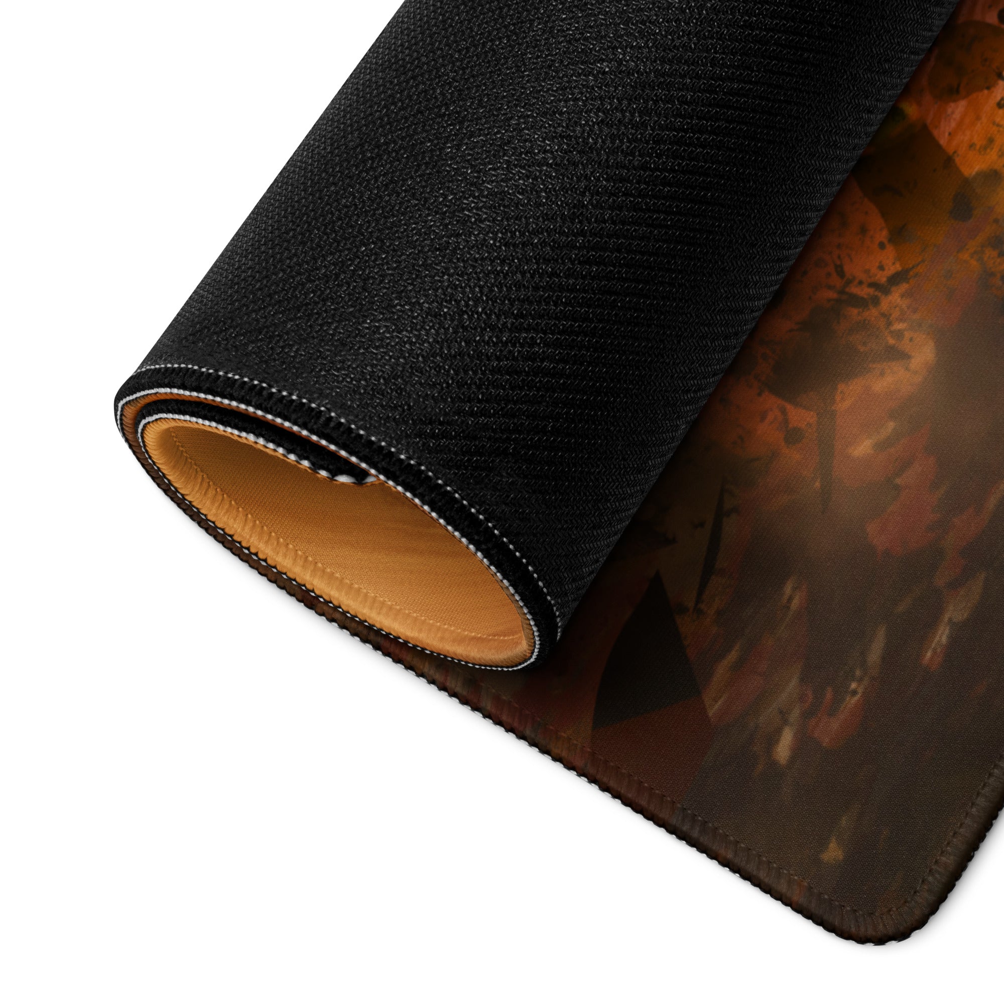 Large Orange Gold Gaming Mouse Pad With Non Slip Base And Edge Stitching For Desktop Setup Fiery Digital Art