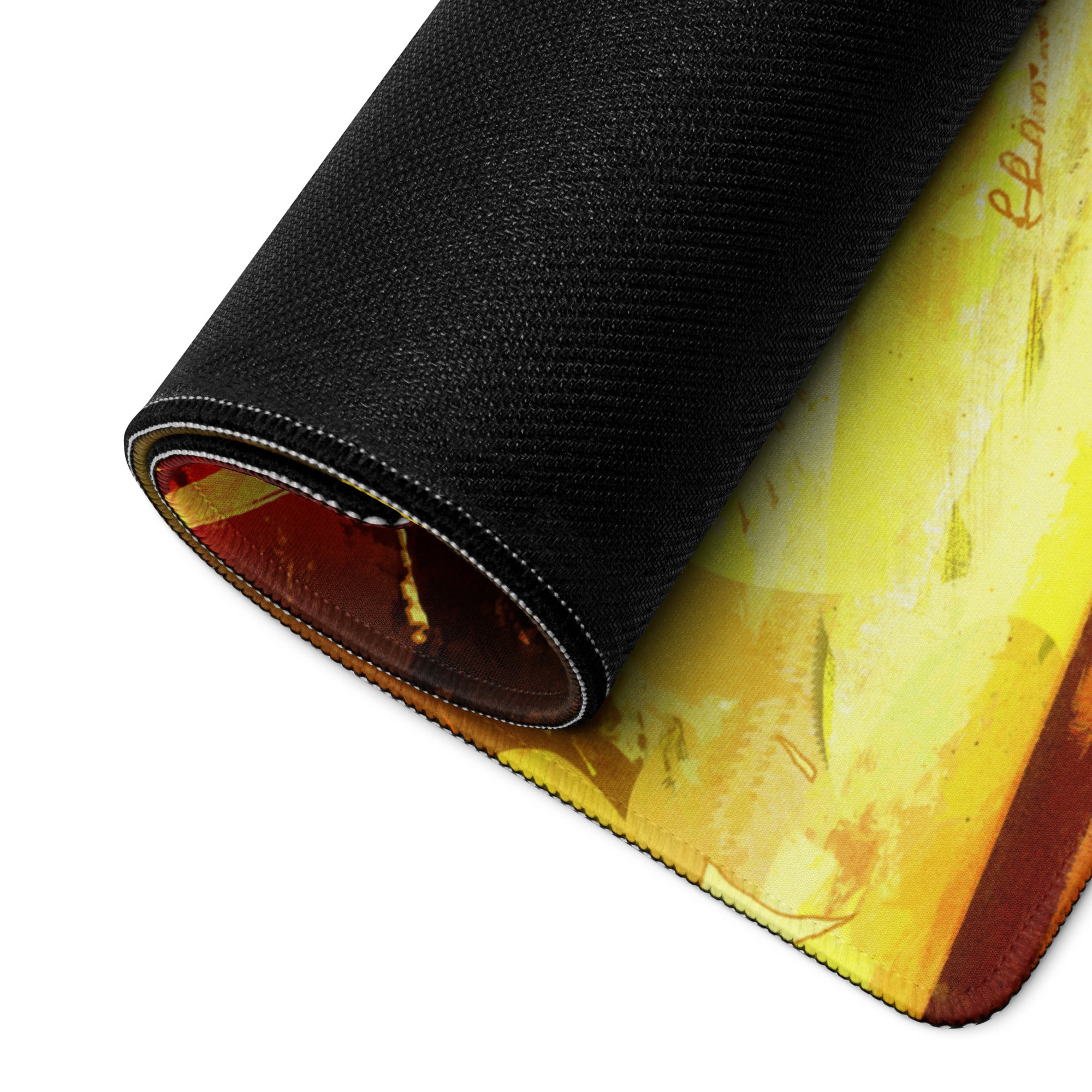 Fiery Orange Yellow Red Gaming Mouse Pad for Desktop Setup Abstract Brushstroke Art Energetic Gamer Decor