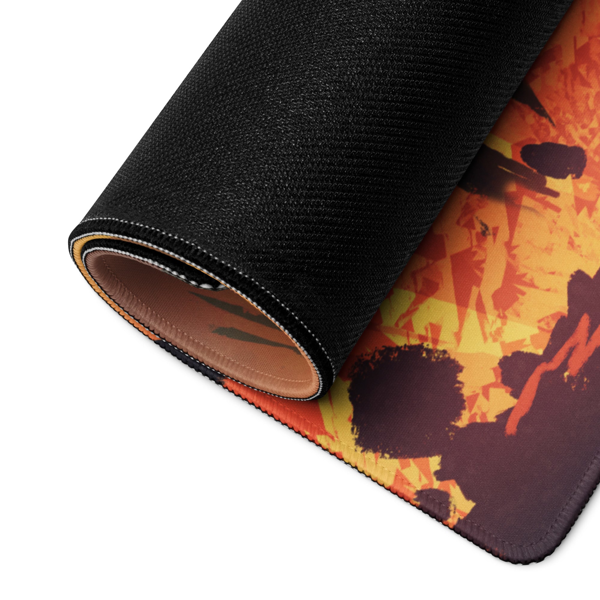 Fiery Demon Warrior Gaming Mouse Pad Orange Black Red Large Desk Mat Gaming Setup Non Slip Edge Stitch Epic Fantasy Art