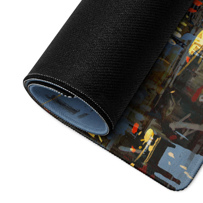 Urban Night Cityscape Gaming Desk Pad - Cityscape Blue Yellow Gaming Desk Abstract Moody Urban Esports Desk Art