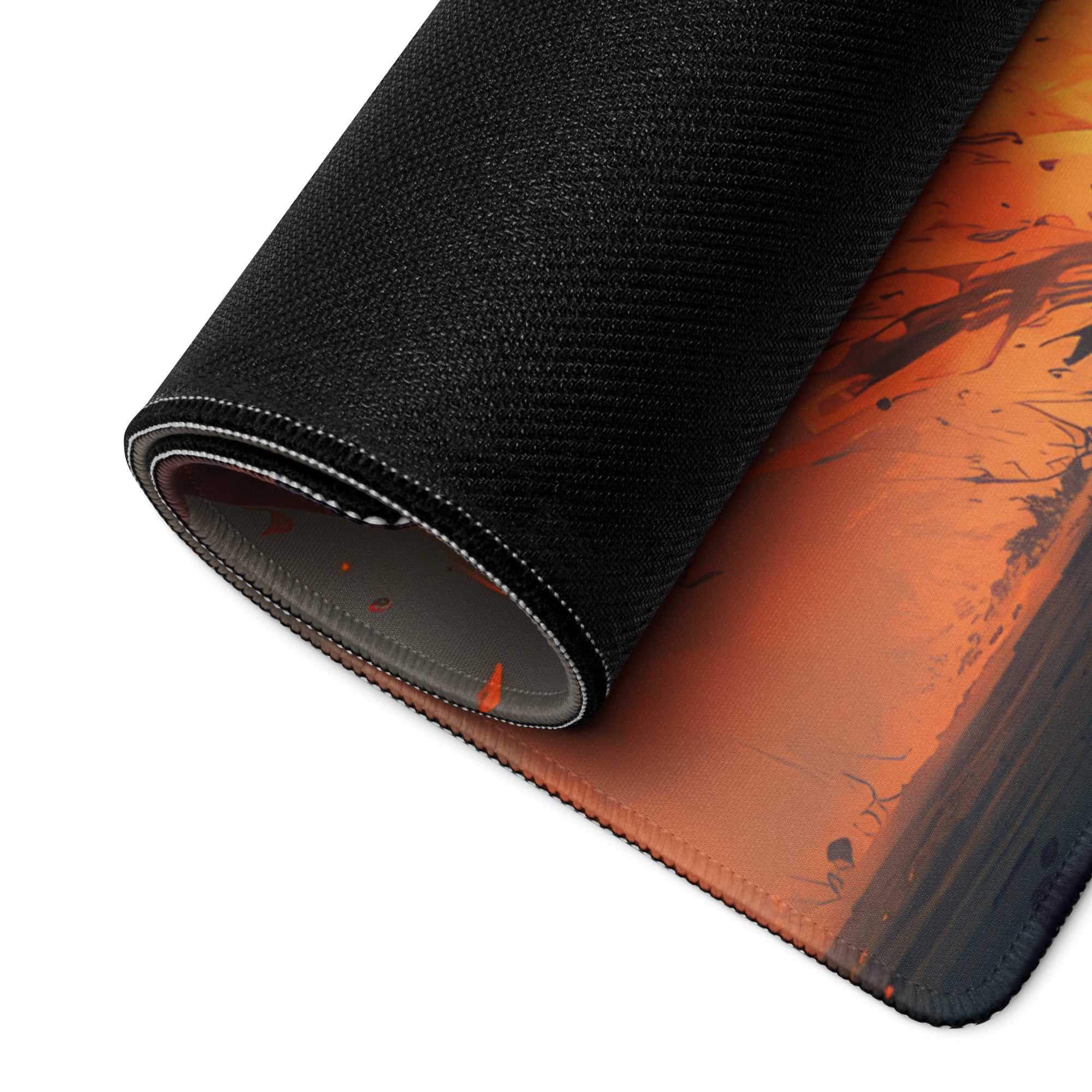 Inferno Warrior Large Gaming Mouse Pad - Silhouette Orange Flames Desk Setup Digital Art Intense Mood Esports Decor