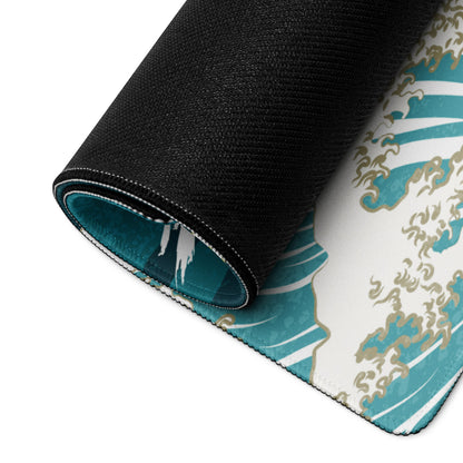 Crane Waves Ukiyo-e Desk Pad - Crane Waves Desk Pad Teal Blue White Ukiyo-e Gaming Bold Mood Japanese Decor Mouse Pad