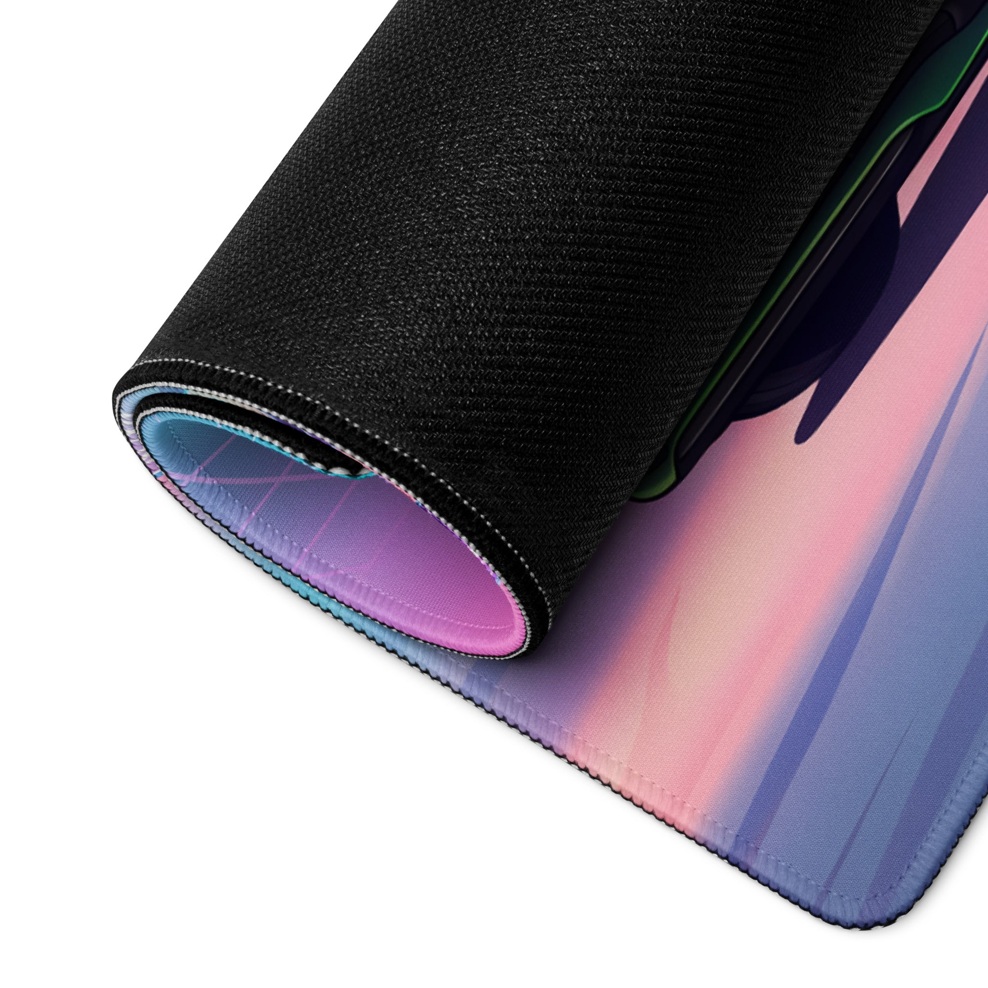 Mercedes-AMG GT R Inspired Green Pink Vaporwave Gaming Mouse Pad, Neon Supercar Desk Mat with Retro Futuristic Mountain Grid Artwork