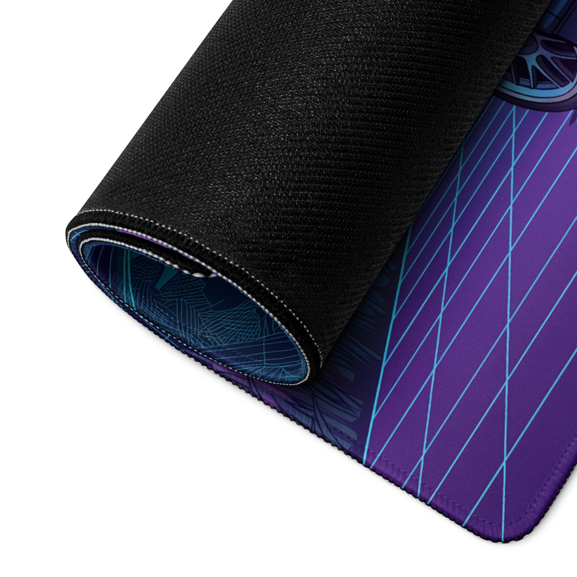 BMW M3 E46 Inspired Blue Pink Vaporwave Gaming Mouse Pad, Neon Sports Car Desk Mat with Retro Futuristic Forest Grid Artwork