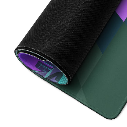 Porsche 911 Inspired Green Purple Vaporwave Gaming Mouse Pad, Classic Sports Car Desk Mat with Checkerboard Grid, Palm Trees and Neon Sunset Artwork