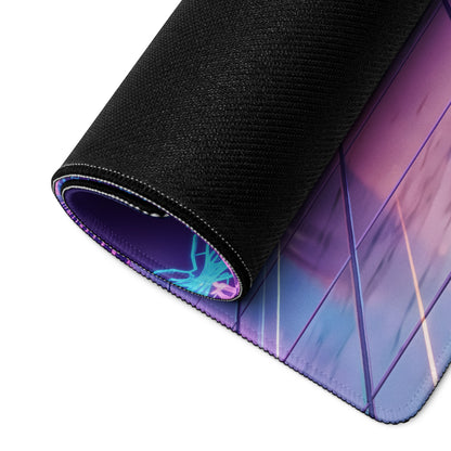 Ford GT Inspired Yellow Purple Vaporwave Gaming Mouse Pad, American Supercar Desk Mat with Neon Grid, Palm Trees and Retro Futuristic Sunset Artwork