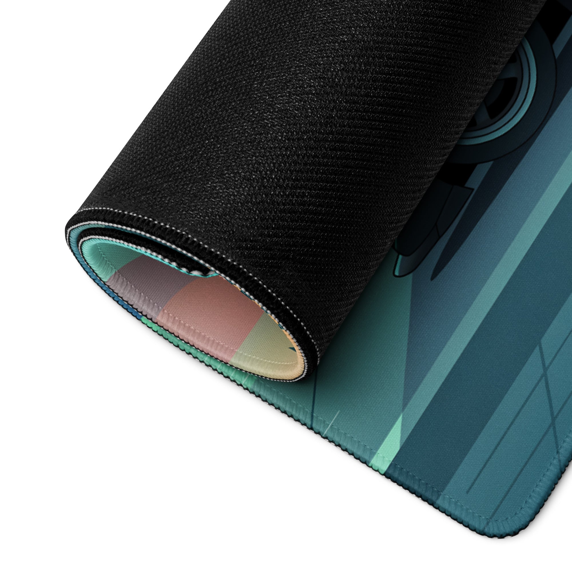 Nissan 350Z Z33 Inspired Black Teal Vaporwave Gaming Mouse Pad, JDM Sports Car Desk Mat with Retro Futuristic Lakeside Sunset Artwork