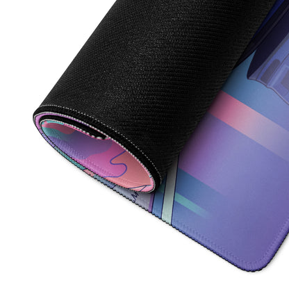 Nissan Skyline GT-R R34 Inspired Blue Pink Vaporwave Gaming Mouse Pad, Neon JDM Sports Car Desk Mat with Retro Futuristic City Sunset Artwork