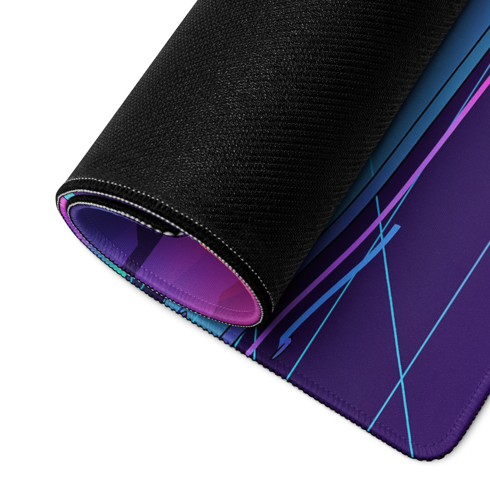 Ford Mustang Dark Horse Inspired Silver Vaporwave Gaming Mouse Pad – Neon Purple Mountain Desk Mat with Retro Futuristic Grid and Crystal Art