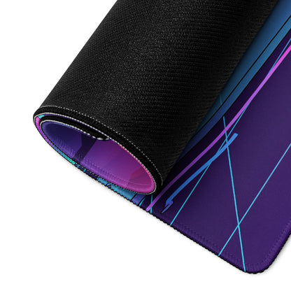 Ford Mustang Dark Horse Inspired Silver Vaporwave Gaming Mouse Pad – Neon Purple Mountain Desk Mat with Retro Futuristic Grid and Crystal Art
