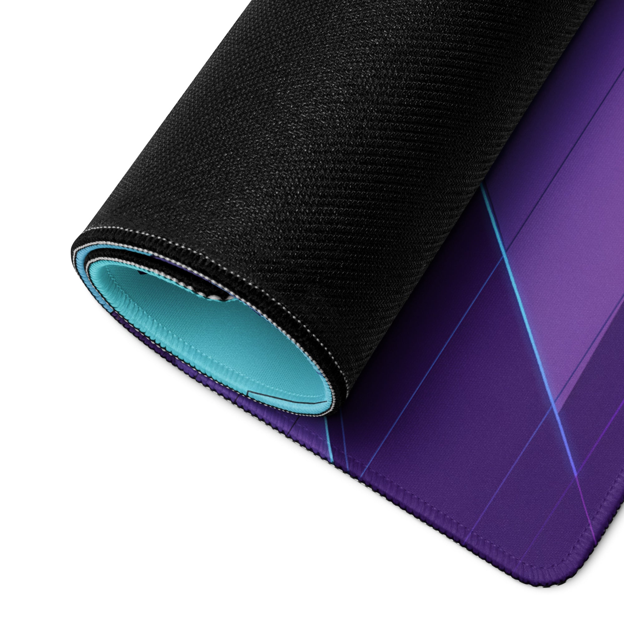 Ford Mustang GT Inspired Teal Vaporwave Gaming Mouse Pad – Purple Neon Geometric Desk Mat with Floating Crystals and Retro Futuristic Grid Art