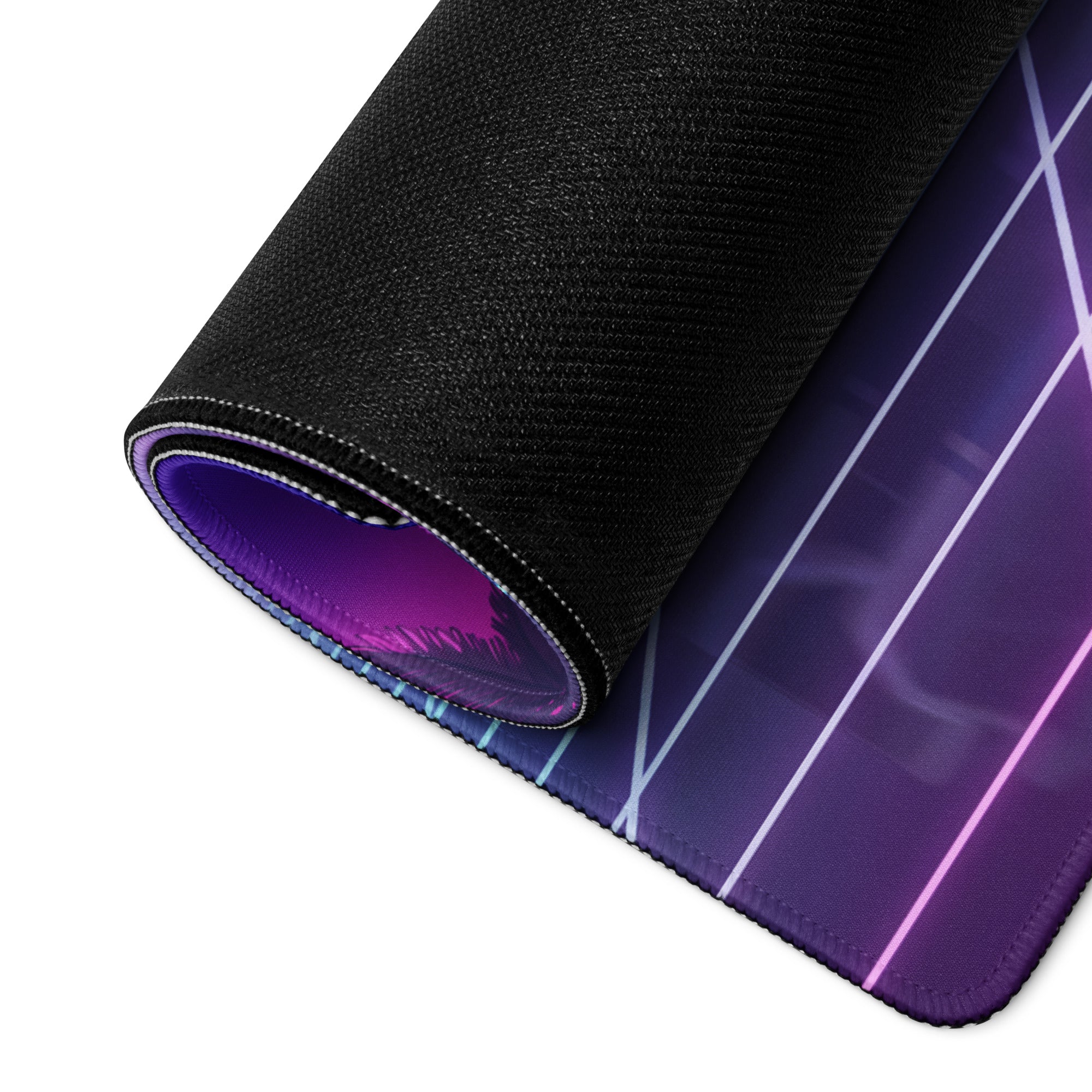 Ford Mustang Dark Horse Inspired White Vaporwave Gaming Mouse Pad – Neon Pink Cyan City Skyline Desk Mat with Retro Grid Sun and