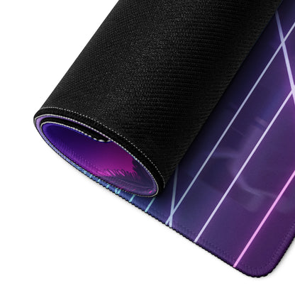 Ford Mustang Dark Horse Inspired White Vaporwave Gaming Mouse Pad – Neon Pink Cyan City Skyline Desk Mat with Retro Grid Sun and
