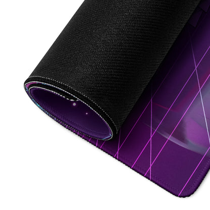 Nissan GT-R R35 Inspired White Vaporwave Gaming Mouse Pad – Neon Purple Cyan Grid Desk Mat with Geometric Mountains, Palm Tree and Synthwave Sunset Art
